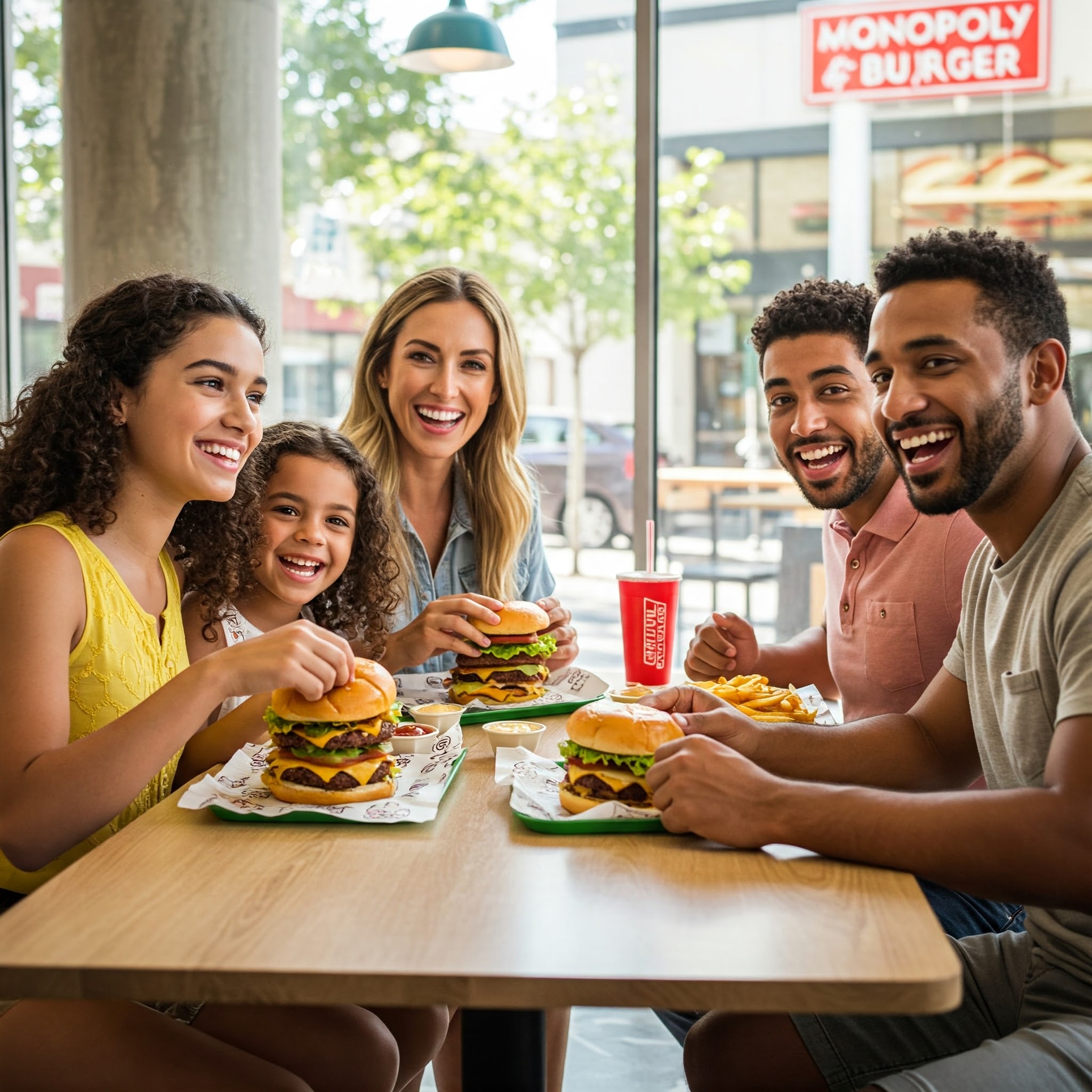 A happy family eating burgers at Monopoly Burger.