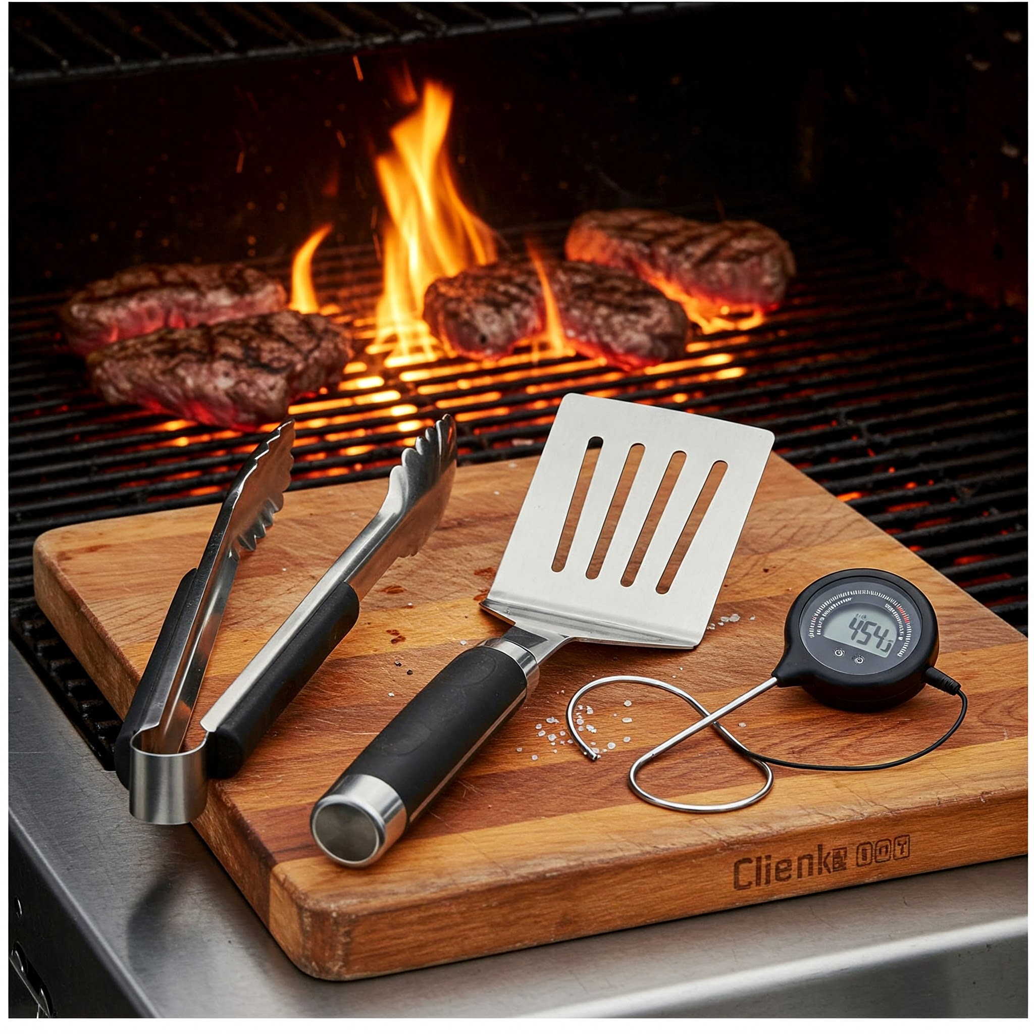Grilling tools with a barbecue grill in the background.