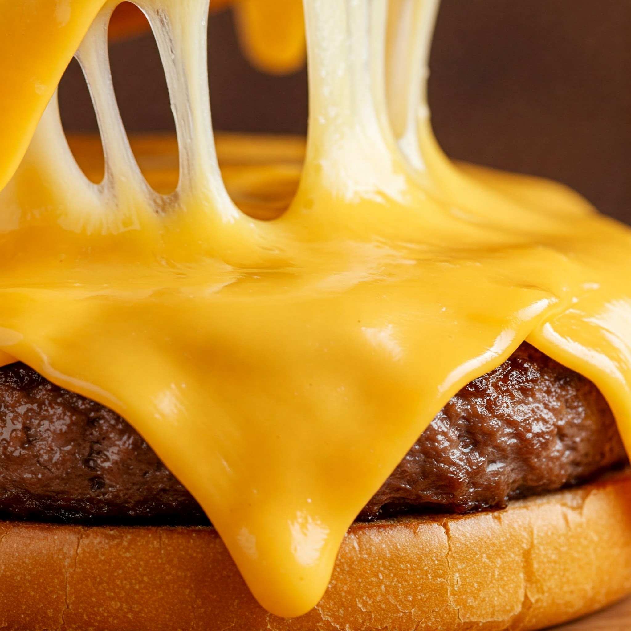 Molten cheese dripping off a juicy burger patty.