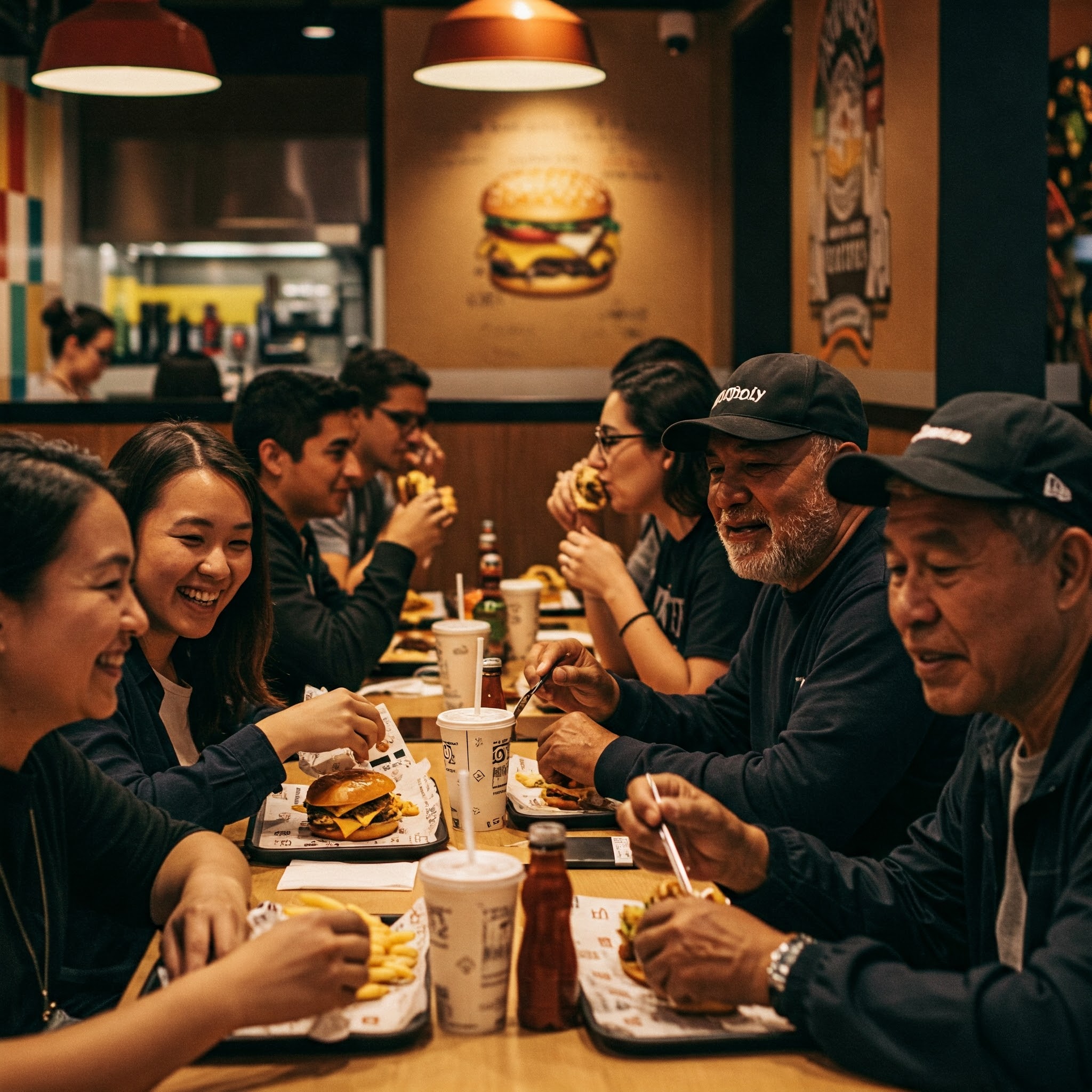 Locals enjoying burgers at Monopoly Burger in Amsterdam.