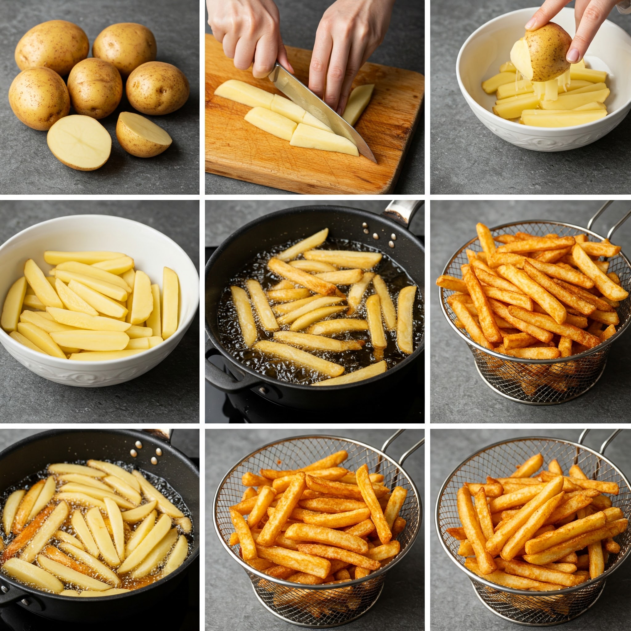 Visual steps for making crispy and fluffy fries.