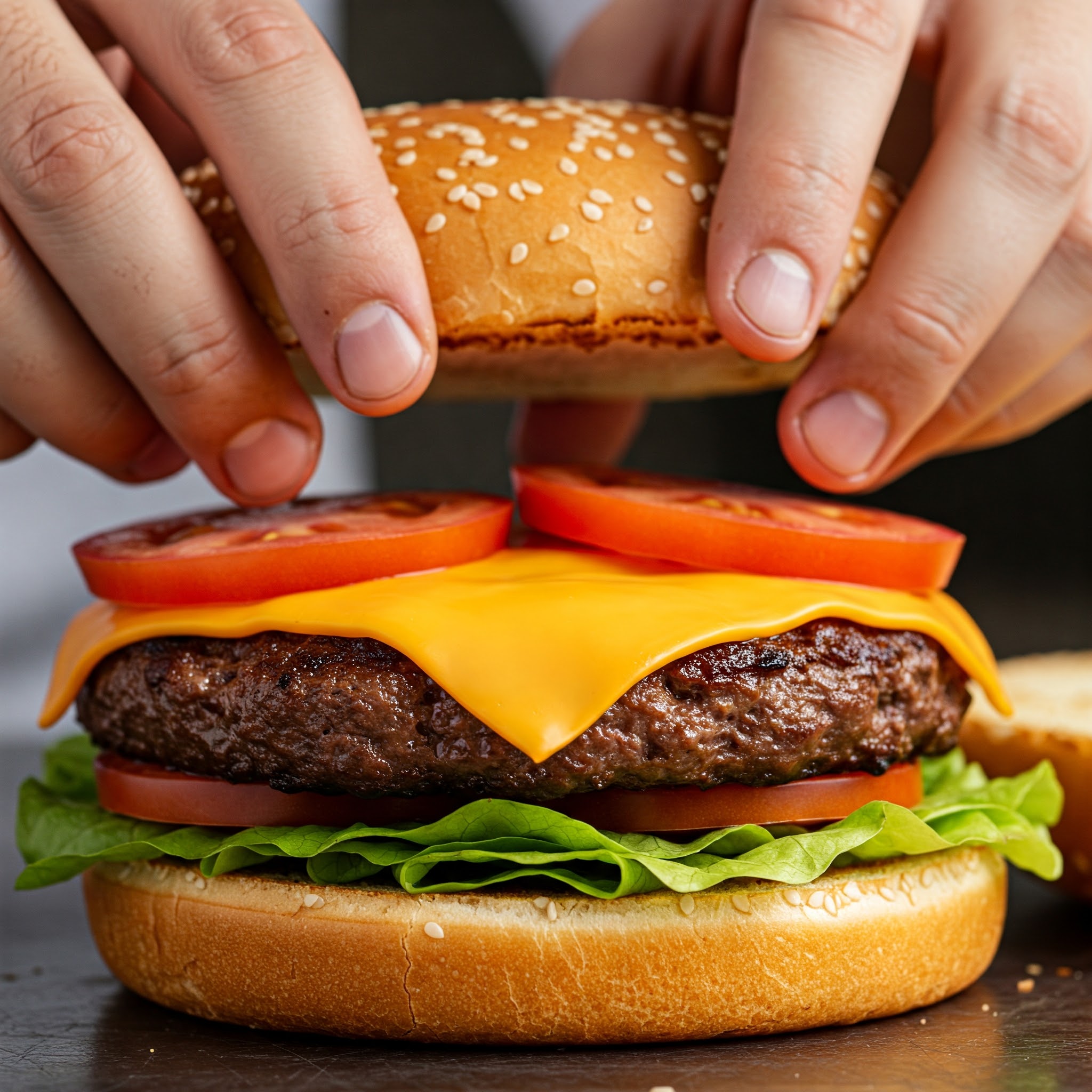 Illustrations showing the correct order to assemble a burger.