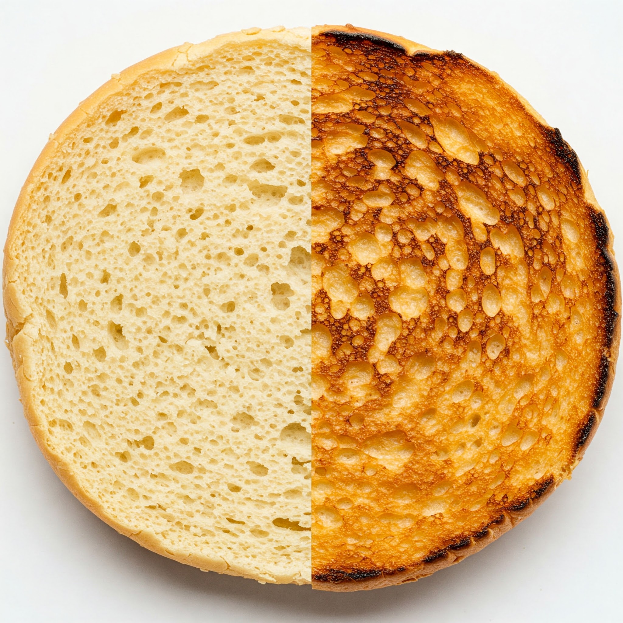 Toasted and untoasted burger buns side by side.